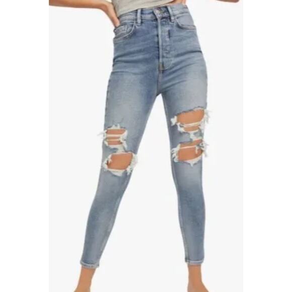 Free People We The Free  Denim Distressed Ripped Skinny Button Fly Jeans Size 24 - Picture 1 of 16